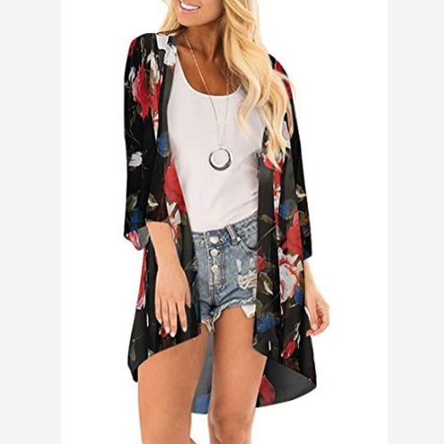 Floral Print Long Sleeve Open Front Cardigan Wholesale Beach Cover Up