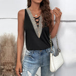 Sexy Hollow Color Contrast V-Neck Sleeveless Casual Loose Tank Top Wholesale Women Top