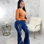 Sexy Fashion Mid-Waist Tassel Denim Flared Pants Wholesale Jeans