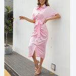 Fashion Short Sleeve Lace-Up Single-Breasted Pleated Satin Shirtdress Casual Wholesale Shirt Dresses