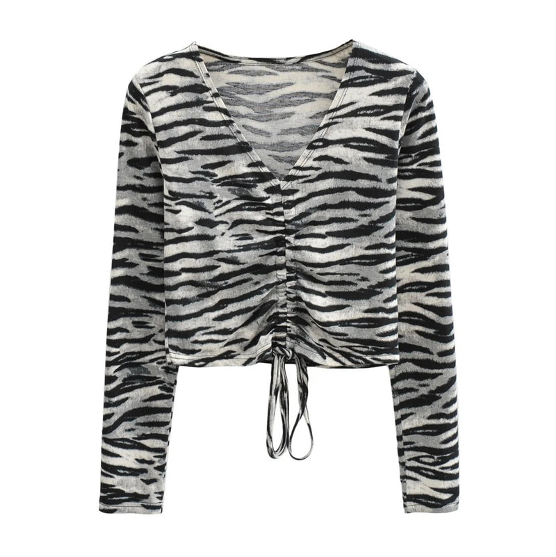Zebra Stripe Print Drawstring Women Short Shirts Wholesale Crop Tops