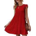 Frill Sleeve Solid Color Round Neck Loose Pleated Smocked Dress Casual Wholesale Dresses