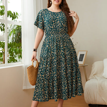 Round Neck Plus Size Printed Wholesale Dresses