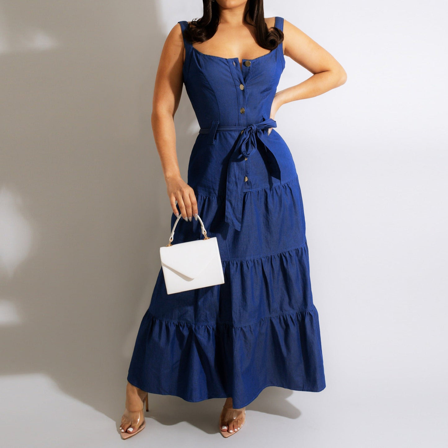 Fashion Slip Lace-Up Waist Smocked Denim Dress Wholesale Maxi Dresses