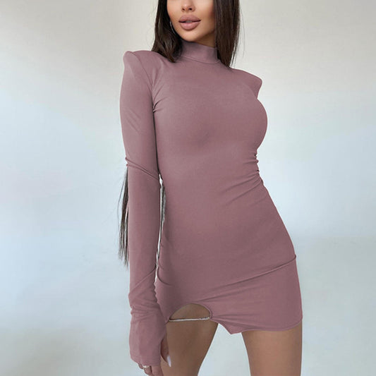 Fashion Solid Color Slim Slit Long Sleeve Bodycon Dress Wholesale Dresses