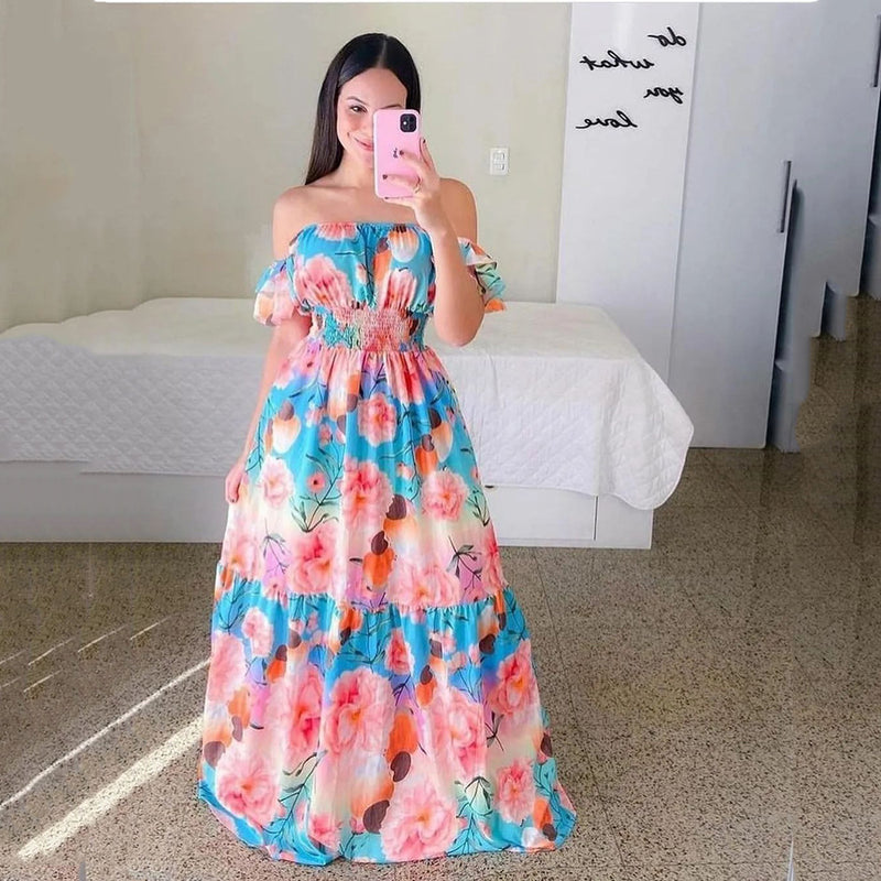 Off Shoulder Trendy Printed Ruffles Swing Smocked Dress Vacation Wholesale Maxi Dresses