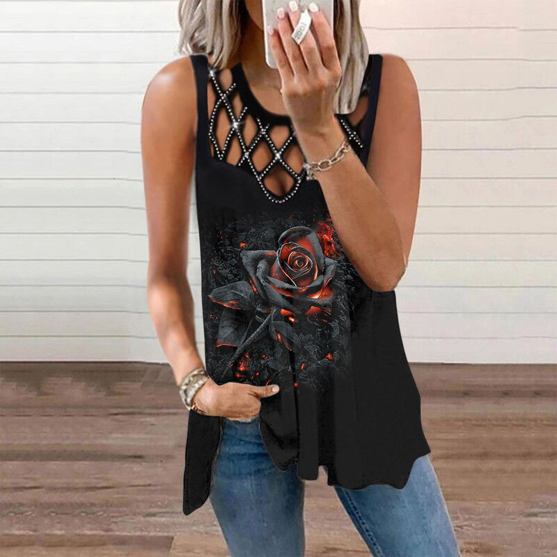 Sexy Hollow Out Print Tops Hot Drill Loose Sleeveless Womens T Shirts Wholesale