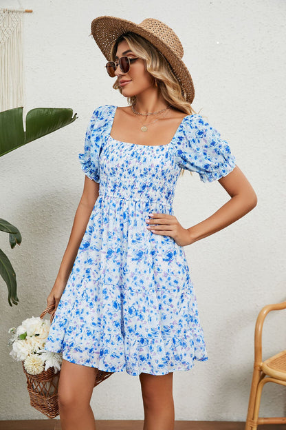 Square Neck Floral Print Chiffon Short-Sleeve Swing Dress Wholesale Dresses