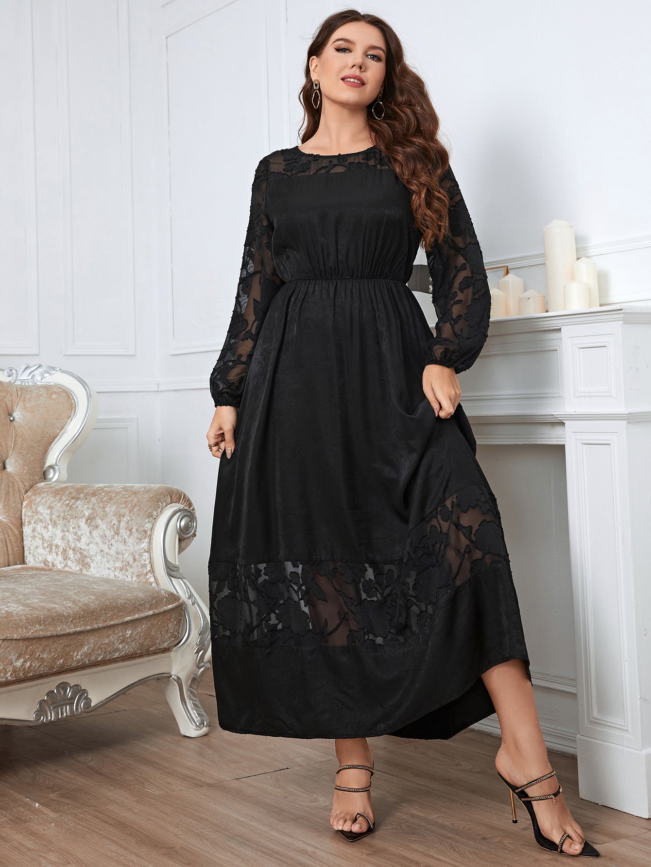 Solid Color Long Sleeve Lace Curvy Maxi Dresses Wholesale Plus Size Clothing