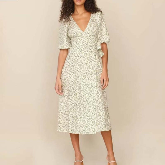 V-Neck Summer Pastoral Style Lace-Up Waist Slim Slit Floral Dress Vintage Wholesale Dresses