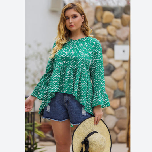 Polka Dot Print Ruffle Long Sleeve Irregular Hem Wholesale Plus Size Blouses