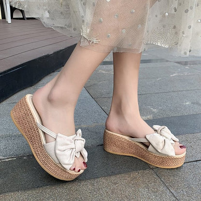 Fashion Casual Wedge Bow Slippers Solid Color Women Wholesale Shoes