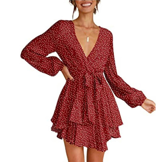 Polka Dot Print Long Sleeve V Neck Wholesale Swing Dresses With Belt