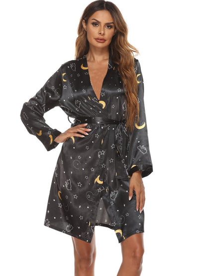 Bathrobe Womens Casual Home Wear Fashion Printed Satin Nightgown Wholesale Loungewear