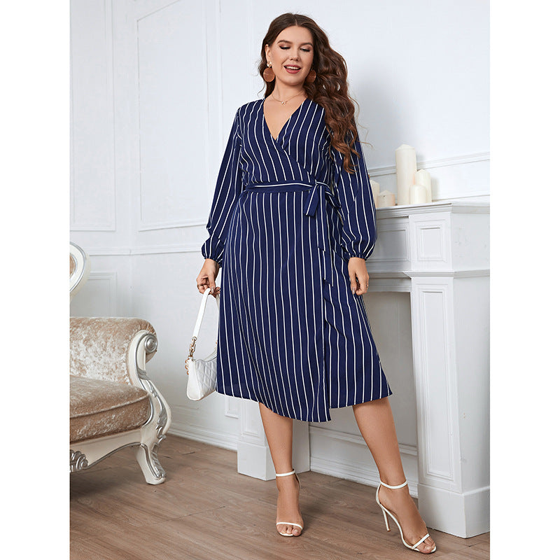 Striped Tie-Up V Neck Midi Curvy Wrap Dresses Wholesale Plus Size Clothing