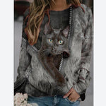Cat Print Casual Round Neck Long Sleeve Tops Casual Women Shirts Wholesale Blouse