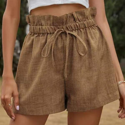 Lace-Up High Waist Loose Wide-Leg Cotton & Linen Womens Bud Short Pants Wholesale Shorts