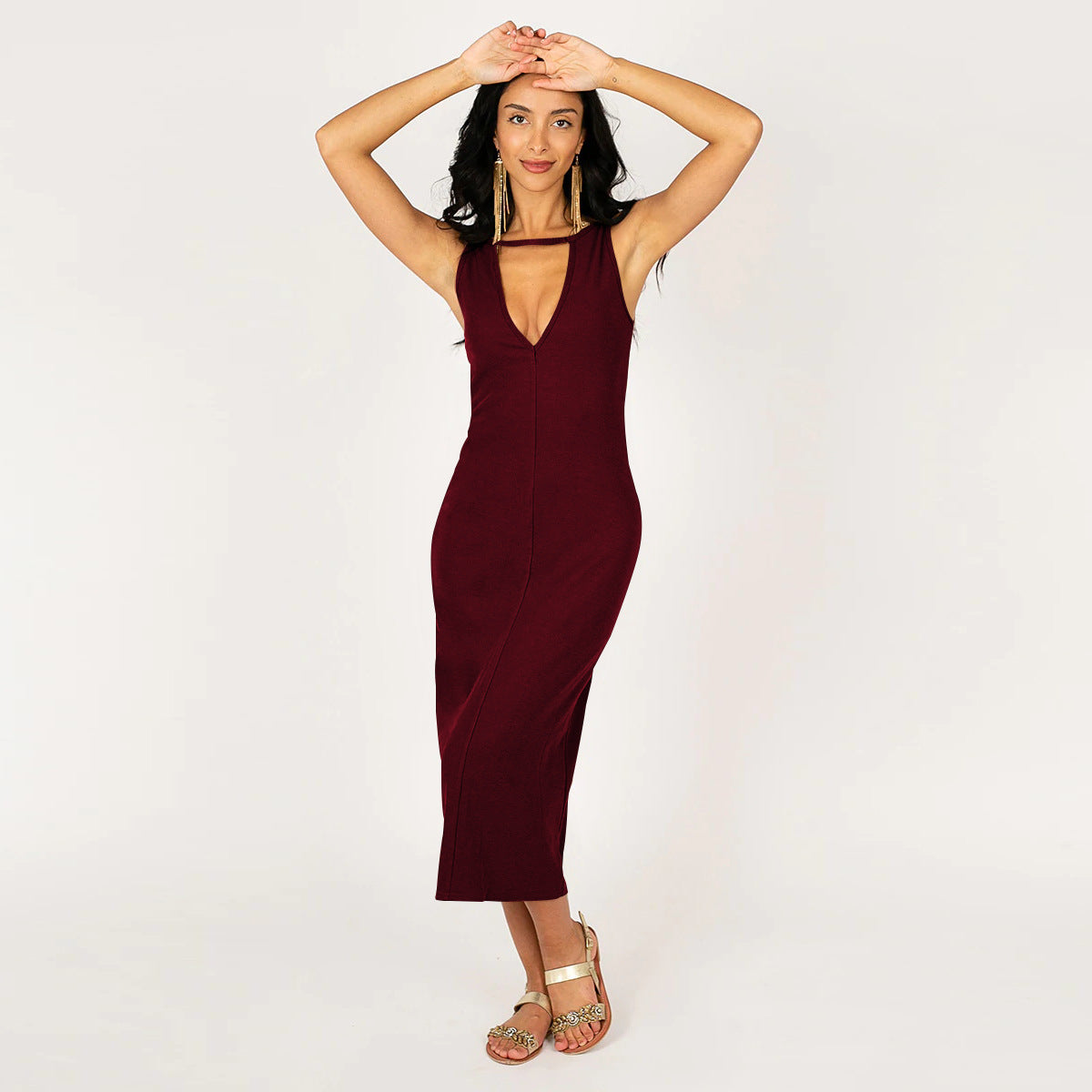 Two Way Wearing Solid Color Cutout Sleeveless Slim Bag Hip Slit Tank Dress Elegant Wholesale Dresses