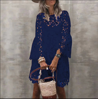 Round Neck Solid Color Flare Sleeve Lace Dress Wholesale Dresses