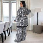 Wholesale Plus Size Women Clothes Belted Fretwork Print Loose Loungewear Two-Piece Set