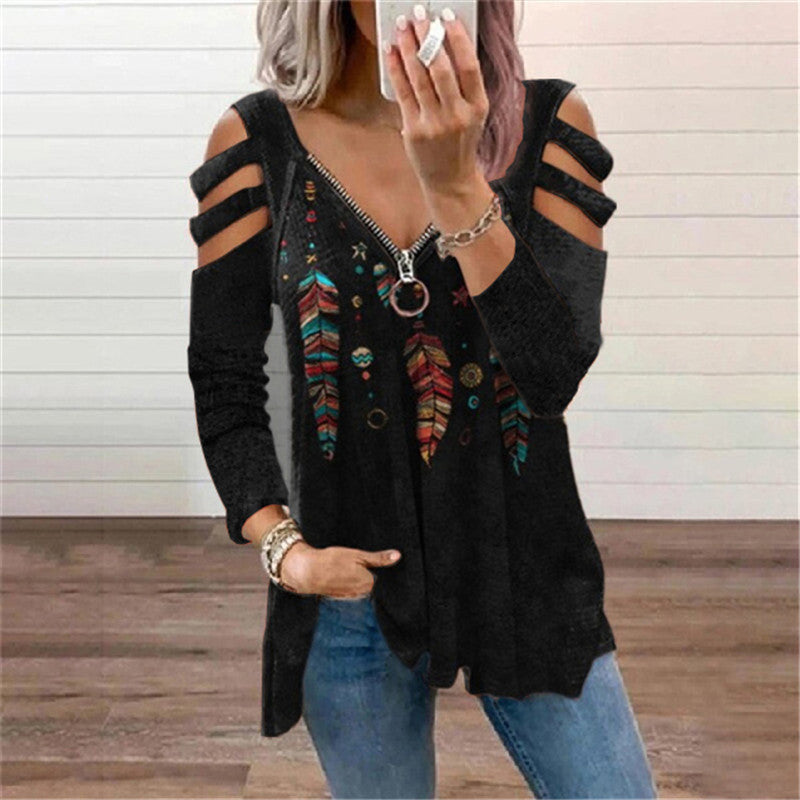 Sexy V Neck Off Shoulder Print Tops Zip Long Sleeve Loose Womens T Shirts Wholesale