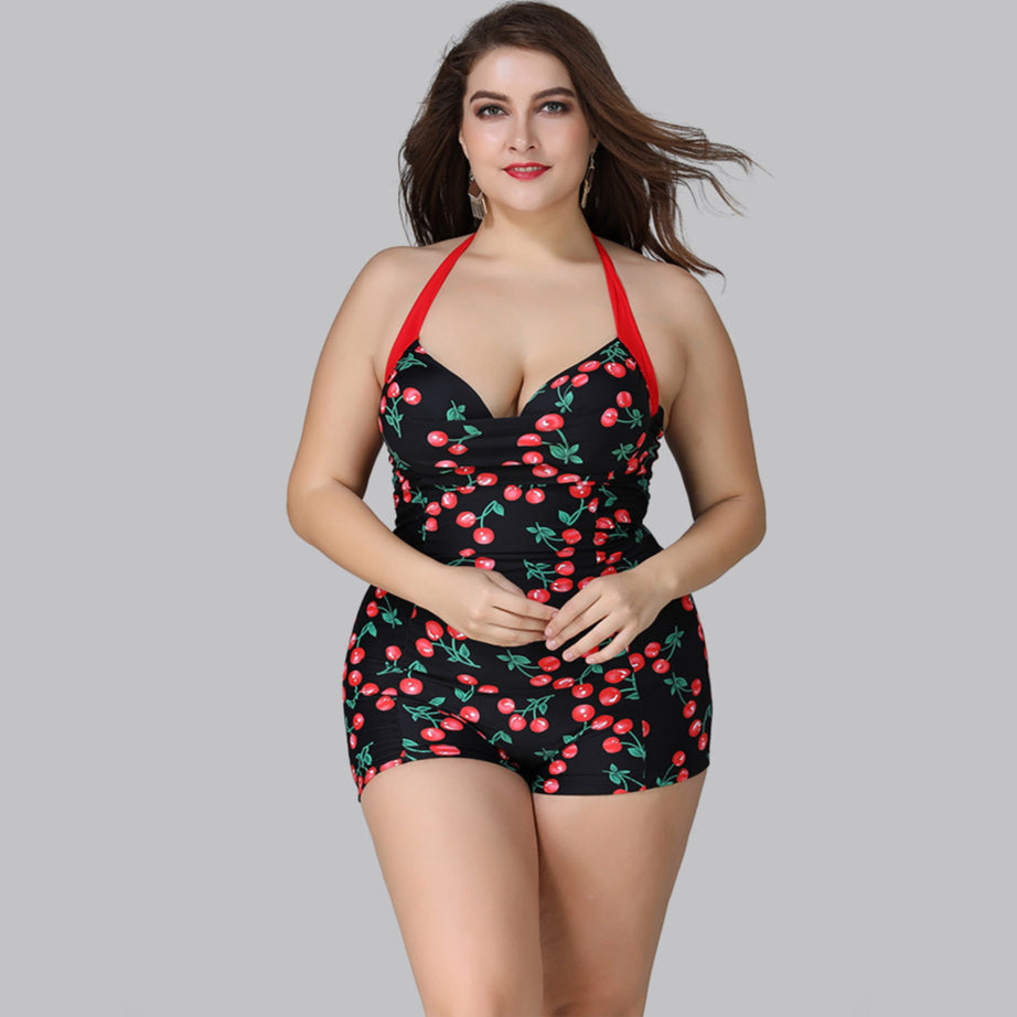 Halterneck Low Cut Boxer Swimsuit Cherry Print Plus Size Swimwear Wholesale Vendors