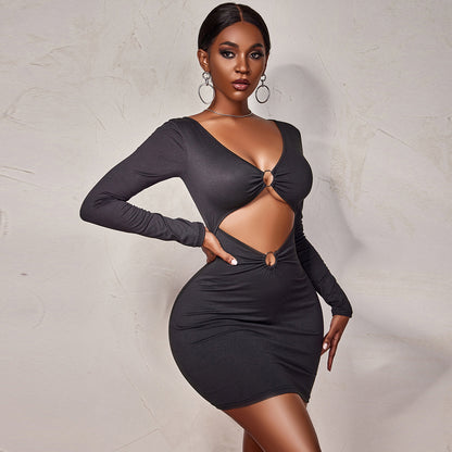 Long-Sleeved Sexy V-Neck Hollow Wrap Hip Bodycon Dress Wholesale Dresses