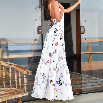 Sexy Sling Backless Seaside Print Maxi Dress Wholesale Dresses