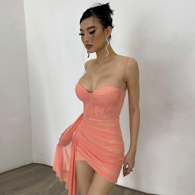 Asymmetric Sexy Slim Ribbon Gathered Slit Mesh Suspender Dress Wholesale Dresses