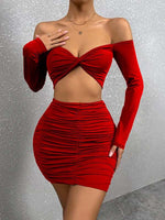 Wholesale Womens 2 Piece Sets Sexy Off Shoulder Long Sleeve Crop Tops & Pleated Bodycon Skirt