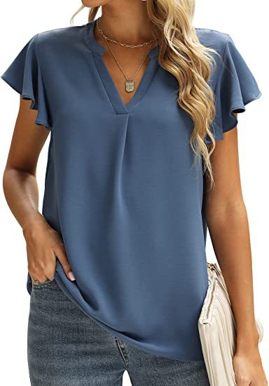 V-Neck Solid Color Frill Sleeve Casual Chiffon Women'S Tops Wholesale T Shirts ST531080