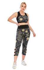 Curvy Yoga Fitness Suits Printed Tight Sport Bra & Hollow Leggings Workout Plus Size Two Piece Sets Wholesale