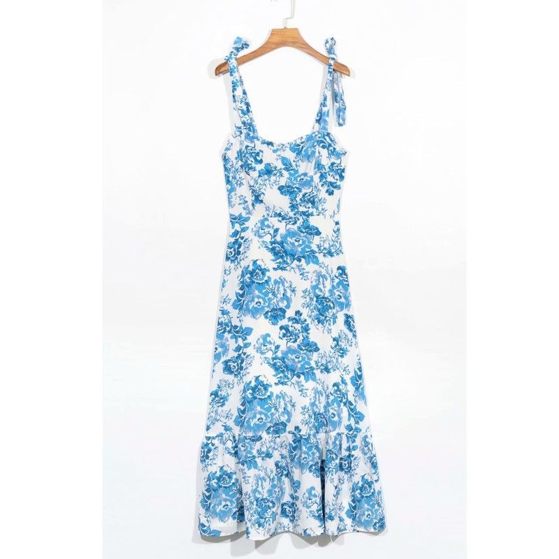 Ruffled Swing Strap Tie-Up Vintage Floral Dress Wholesale Dresses