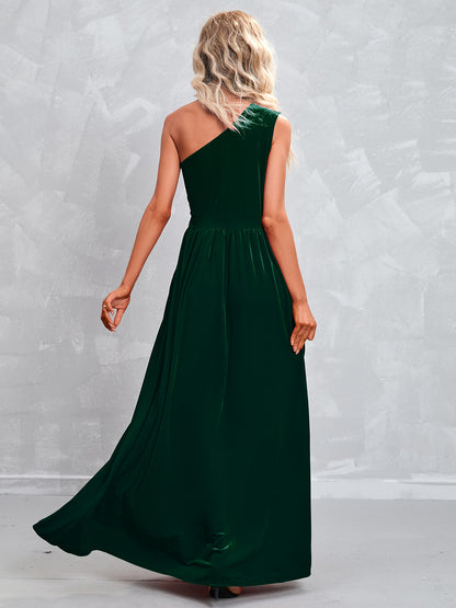 Slanted Shoulder Solid Color Hollow Sexy Slit Evening Dress Wholesale Maxi Dresses