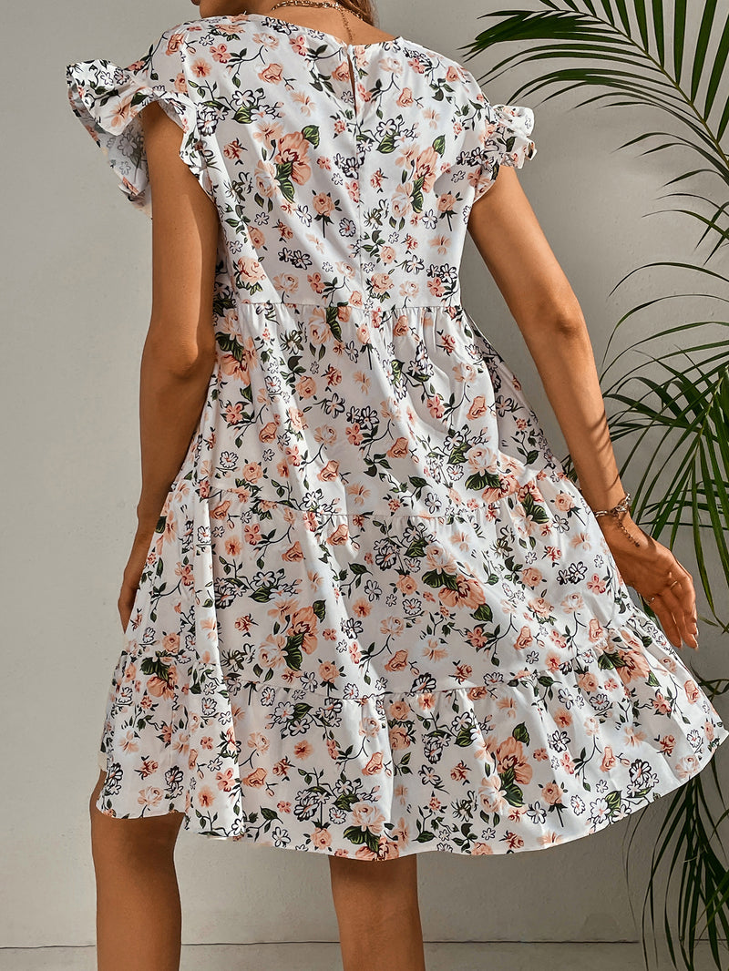 Fashion Casual Floral Tiered Dress Round Neck Loose Short Sleeve Wholesale Dresses