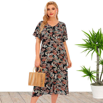 Short Flare Sleeve Casual Printed Midi Curve Dresses Summer Fashion Wholesale Plus Size Clothing