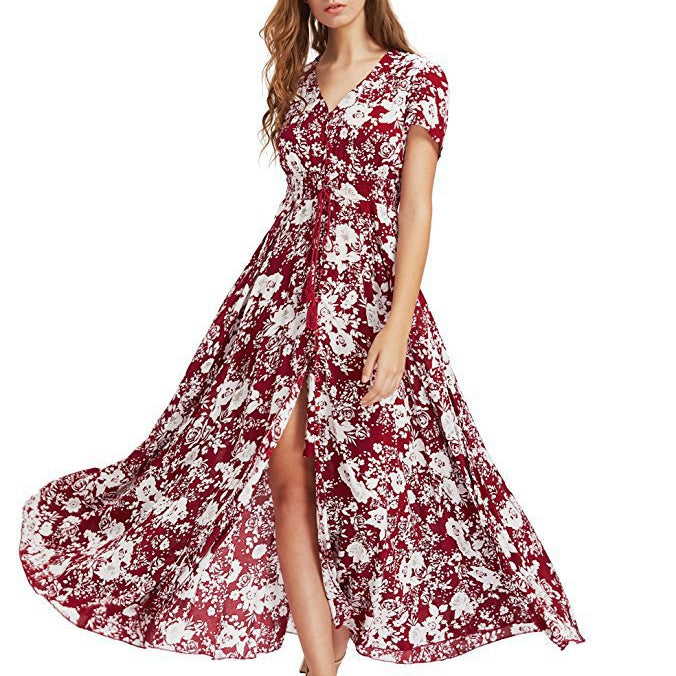 Printed Retro V-Neck Wide Hem Slit Design Vacation Dress Trendy Wholesale Maxi Dresses