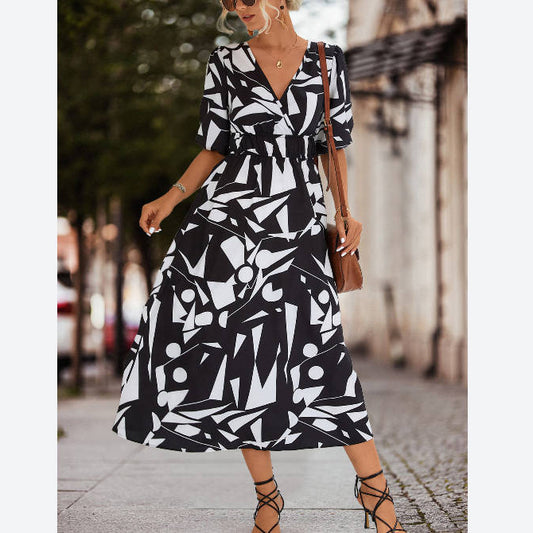 V-Neck Puff Sleeve Printed Casual Swing Dress Wholesale Dresses