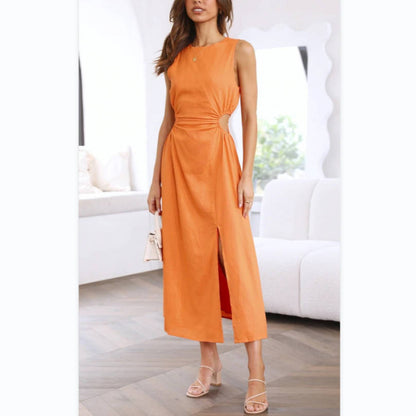 Solid Color Cutout Waist Slit Linen Tank Dress Wholesale Dresses