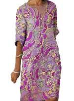 Ethnic Style Print Loose V Neck Casual Mid-Length Dress Wholesale Dresses