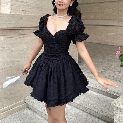 Dark One-Shoulder Puff-Sleeve Low-Cut Solid-Color Tutu Dress Wholesale Dresses