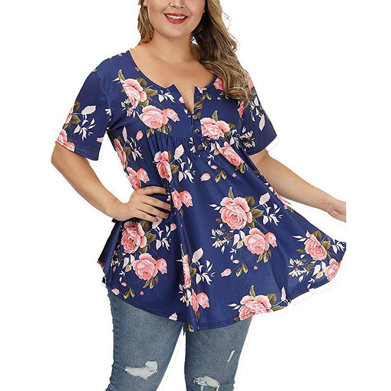 Short Sleeve Floral Print V-Neck Women Curvy Tunics Tops Wholesale Plus Size Clothing