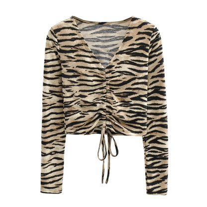 Zebra Stripe Print Drawstring Women Short Shirts Wholesale Crop Tops