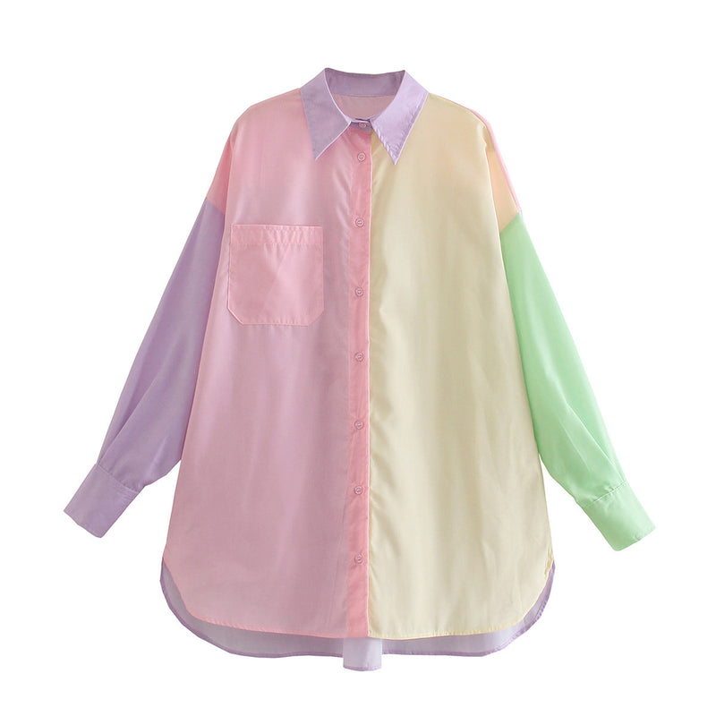 Colorblock Print Loose Lapel Long Sleeve Womens Long Shirt Fashion Wholesale Blouse