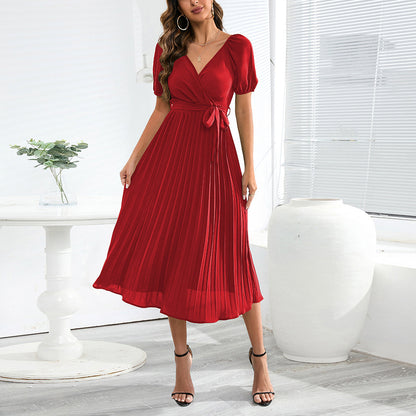 Lantern Sleeve Solid Color V-Neck A-Line Pleated Dress Wholesale Dresses