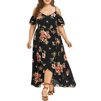 Sexy Off Shoulder Floral Print Sling Short Sleeve Slit Curvy Maxi Dresses Wholesale Plus Size Clothing