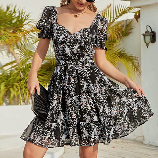 V-Neck Puff Short-Sleeve Open-Back Tie Crossover Flowy Dress Wholesale Dresses