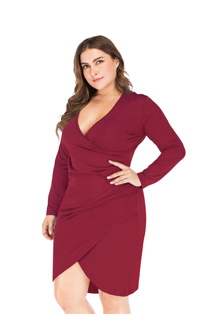 V-Neck Long-Sleeve Slim Fit Hip Curvy Dresses Wholesale Plus Size Clothing