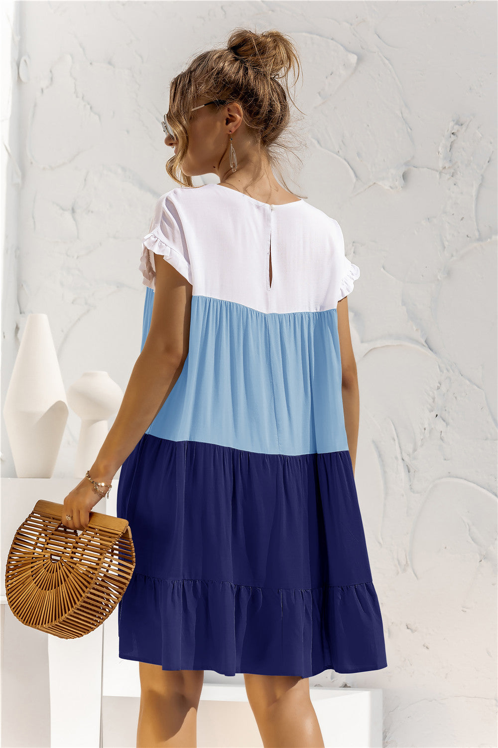 Round Neck Colorblock Ruffles Short Sleeve Loose Smocked Dresses Casual T Shirt Dress Wholesale