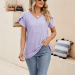 Solid Color V-Neck Ruffle Sleeve Loose T-Shirt Wholesale Womens Tops